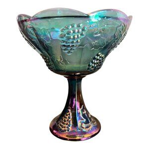 Vintage Indiana Blue Carnival Glass Pedestal Compote Bowl Harvest Grape Pattern
